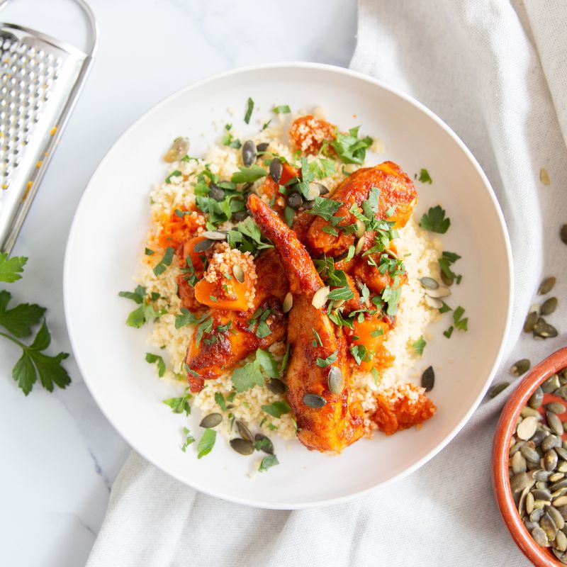 Couscous met Gebakken Pompoen en Tomaten-Abrikozenchutney