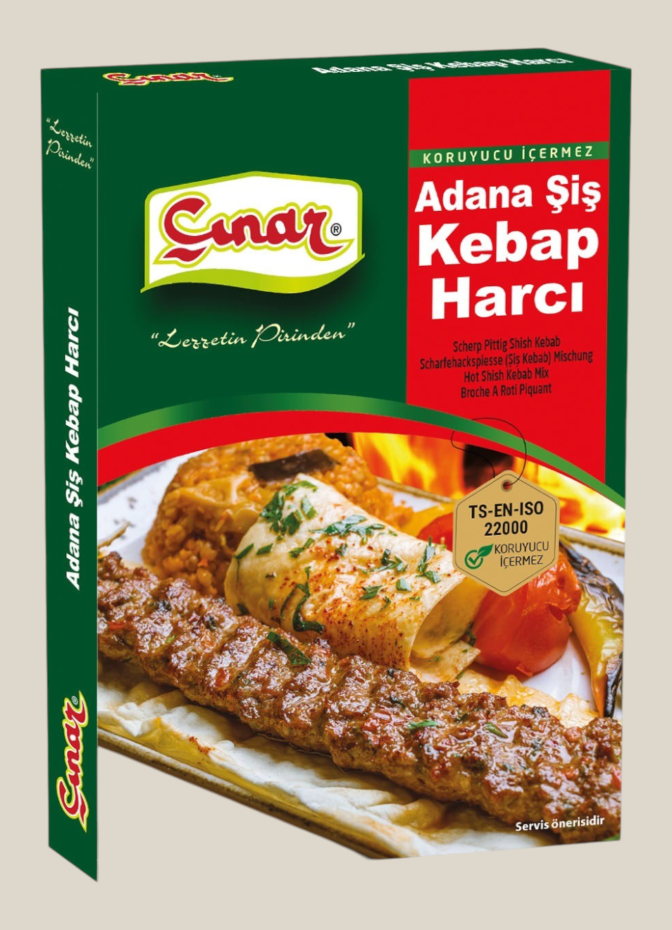 TuanaShop BV Çınar Adana Şiş Kebap Harcı kruidenmix voor authentieke pittige Turkse kebab op een verpakking van 75g.