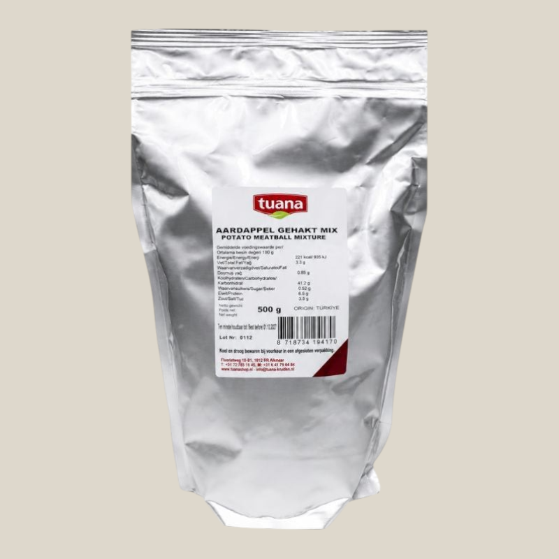 TuanaShop BV Aardappel Gehakt Mix in een zilverkleurige stazak van 500 gram met productinformatie en etiket.
