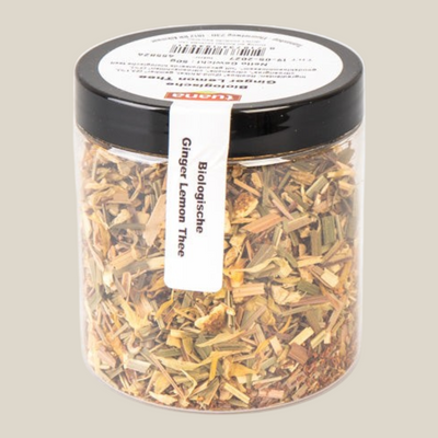 TuanaShop BV Ginger Lemon losse kruidenmelange in een transparante pot van 50 gram met gember en citroen.