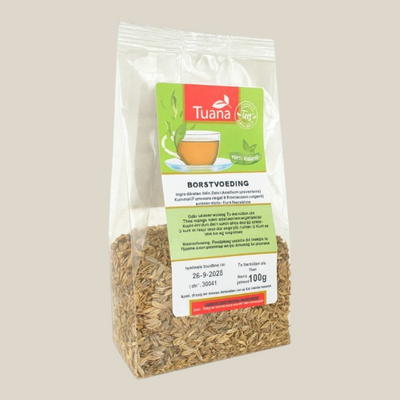 TuanaShop BV borstvoeding kruidenthee in een transparante verpakking met 100 gram losse natuurlijke kruidenmix