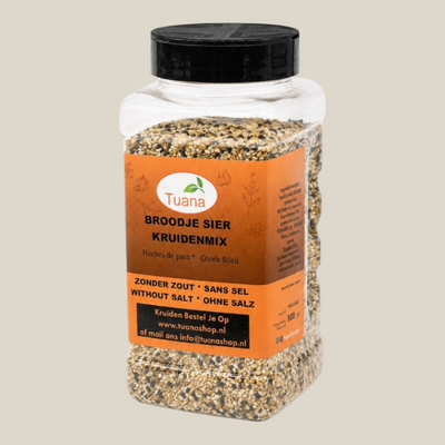 TuanaShop BV Broodje Sier zadenmix in een doorzichtige voorraadpot met sesamzaad, nigellazaad en maanzaad.