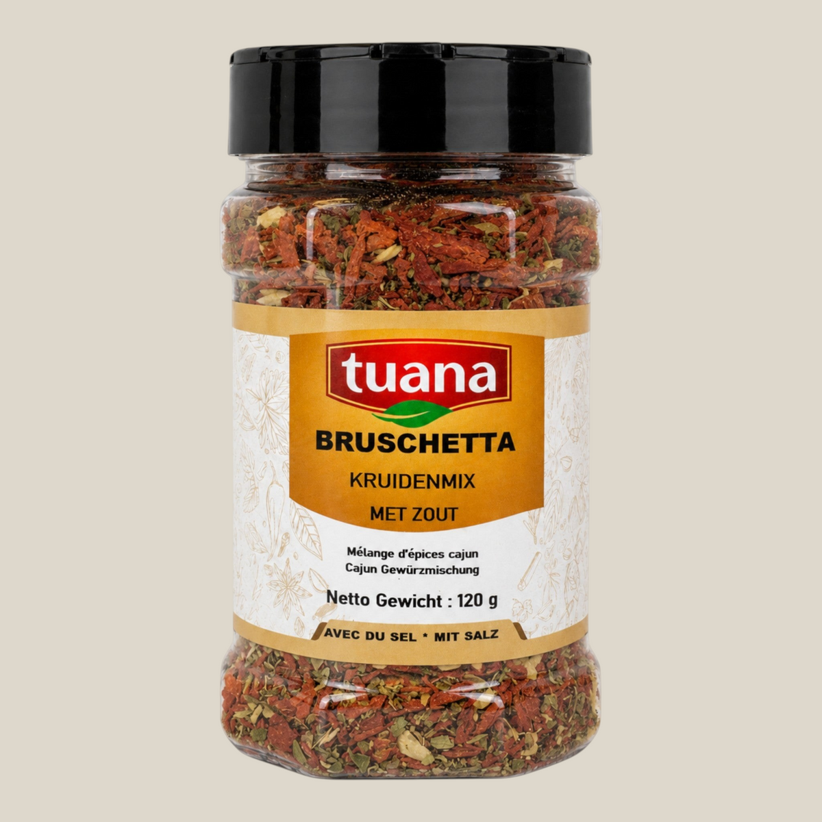 TuanaShop BV Bruschetta kruidenmix in een doorzichtige pot met zwarte dop, gevuld met gedroogde mediterrane kruiden.