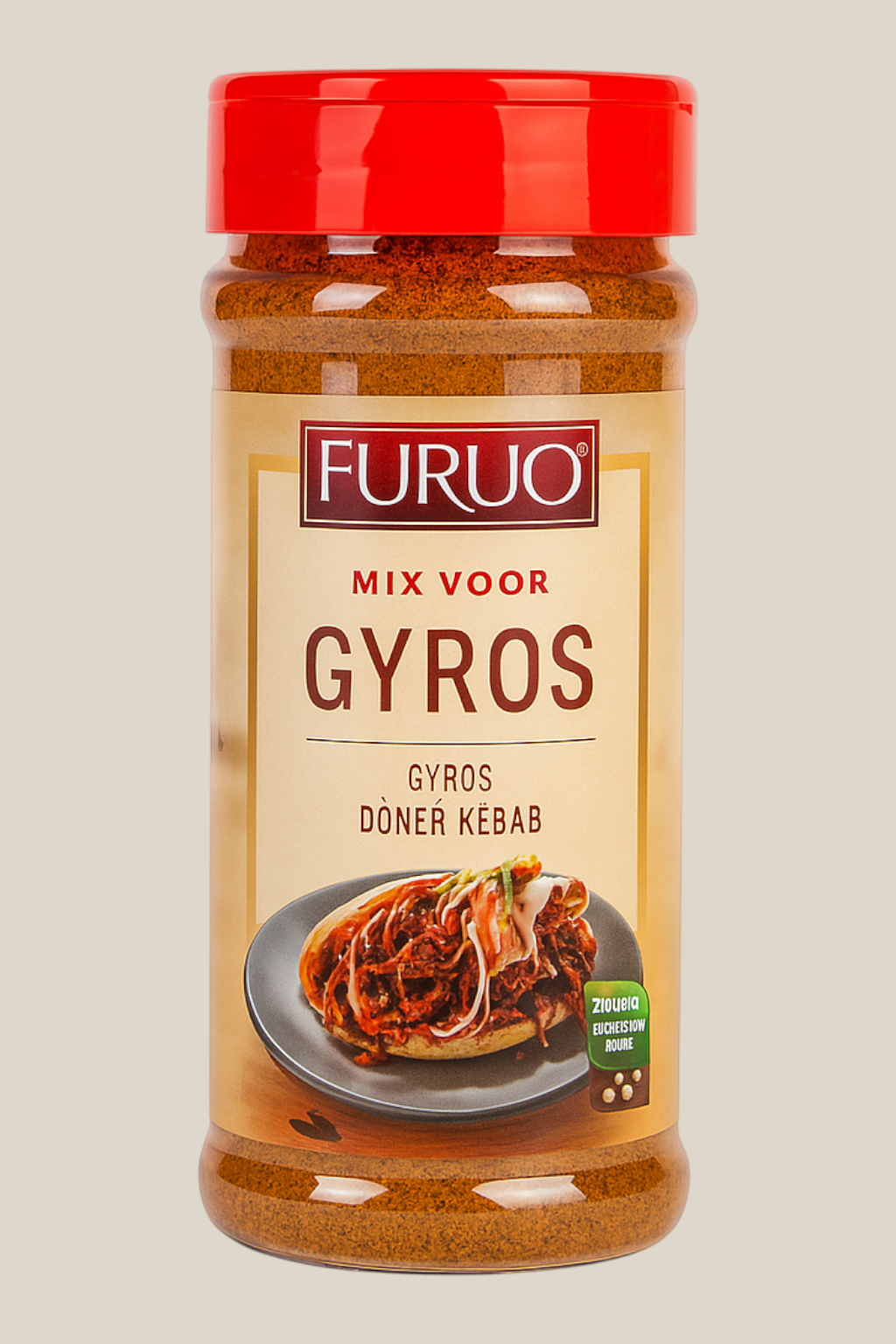 TuanaShop BV Gyros Mix kruiden in een doorzichtige pot met rode dop en afbeelding van een gevuld pitabroodje