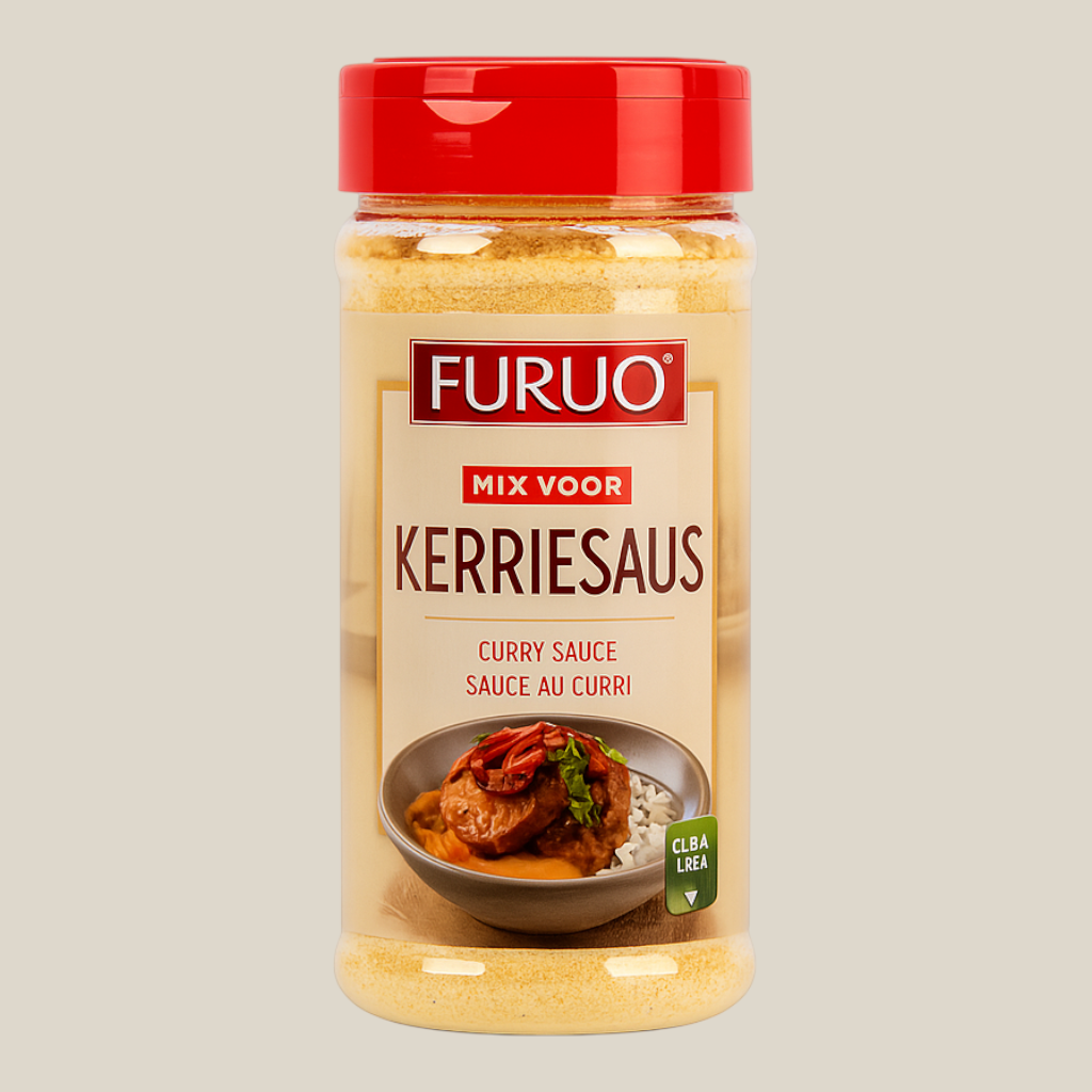 TuanaShop BV Furuo kerriesaus mix in een plastic pot met rode dop voor het bereiden van een romige currysaus