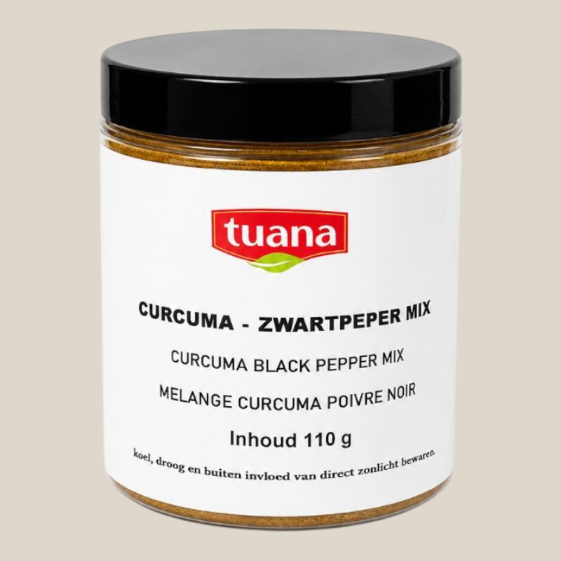 TuanaShop BV Curcuma Zwarte peper mix in een transparante pot van 110 gram met een zwart deksel