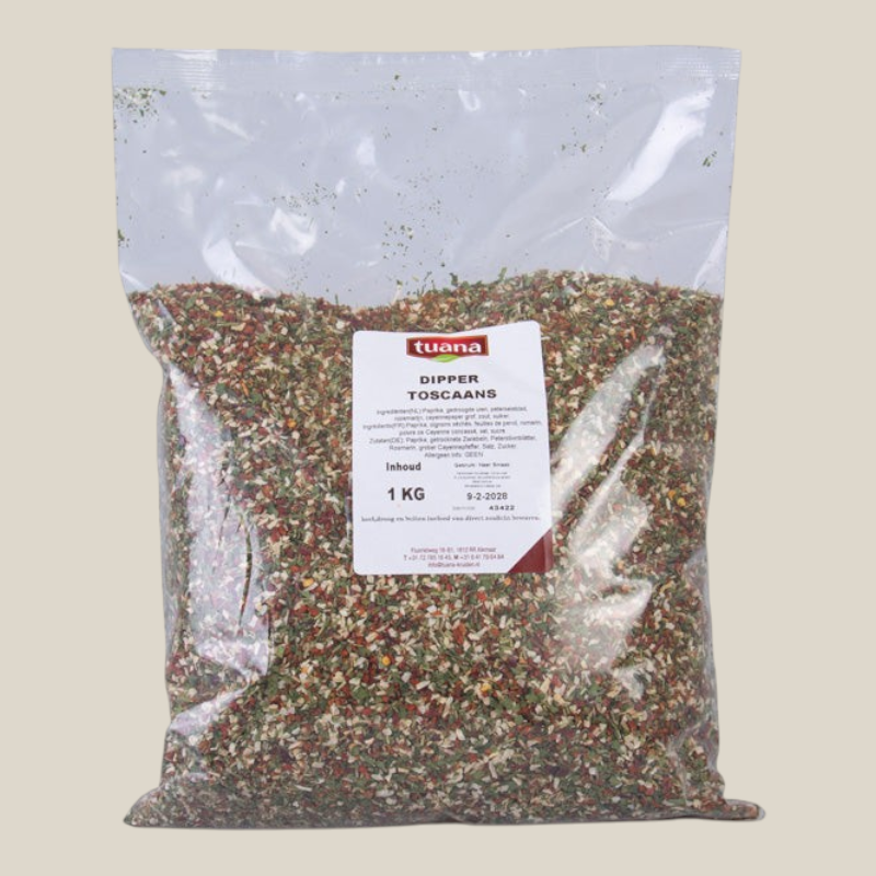 TuanaShop BV Dipper Toscaans kruidenmix in een transparante verpakking van 1 kg met mediterrane ingrediënten.