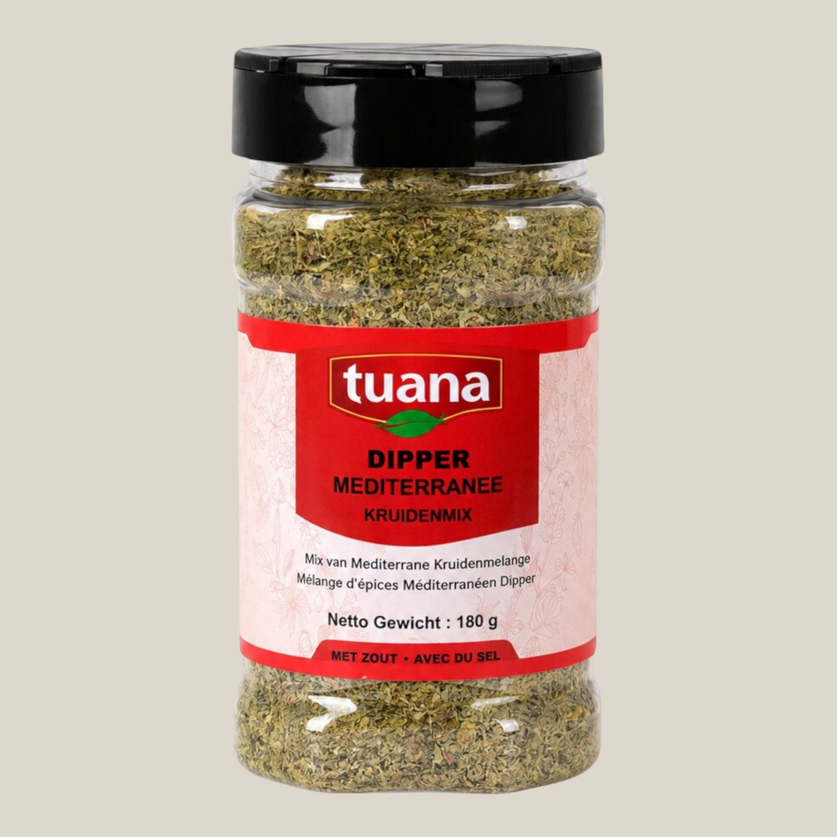 TuanaShop BV Dipper Mediterranee kruidenmix in een doorzichtige pot met zwarte dop voor olijfolie en brood.