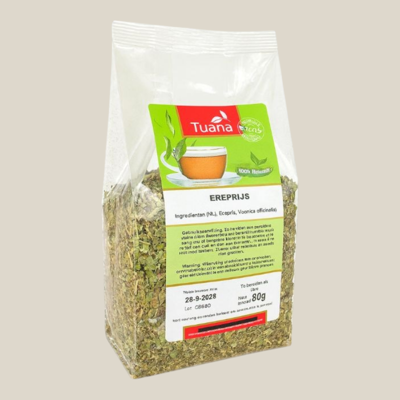 TuanaShop BV gesneden ereprijs kruidenthee in een transparante verpakking van 80 gram