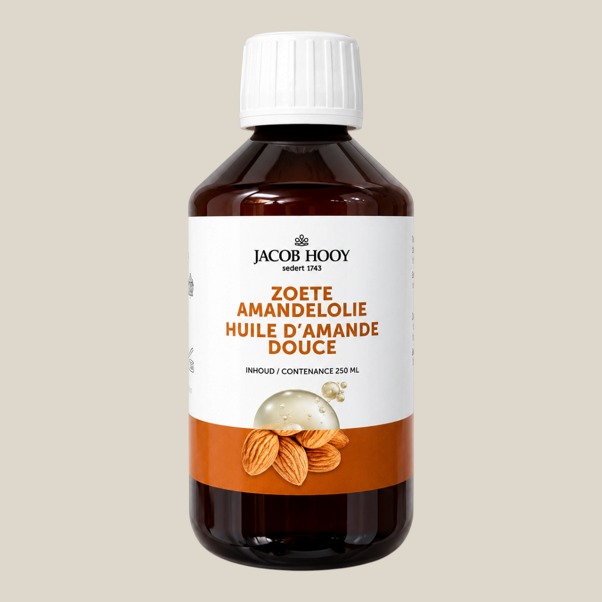 TuanaShop BV Jacob Hooy zoete amandelolie in een bruine glazen fles van 250ml voor de droge en gevoelige huid