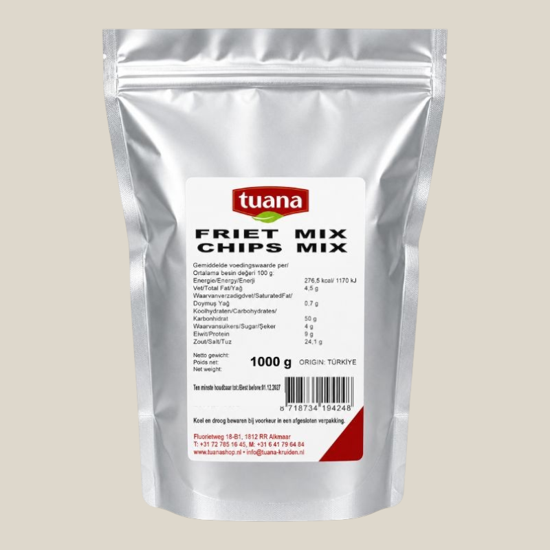 TuanaShop BV Friet Kruidenmix Speciaal in een zilverkleurige stazak van 1000 gram voor aardappelgerechten en snacks.