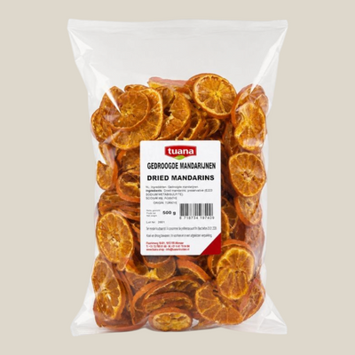 TuanaShop BV gedroogde mandarijn schijfjes in een transparante verpakking van 500 gram