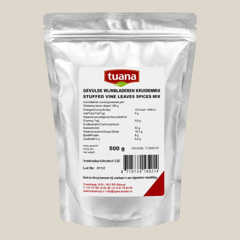 TuanaShop BV kruidenmix voor gevulde wijnbladeren in een zilverkleurige stazak van 500 gram.