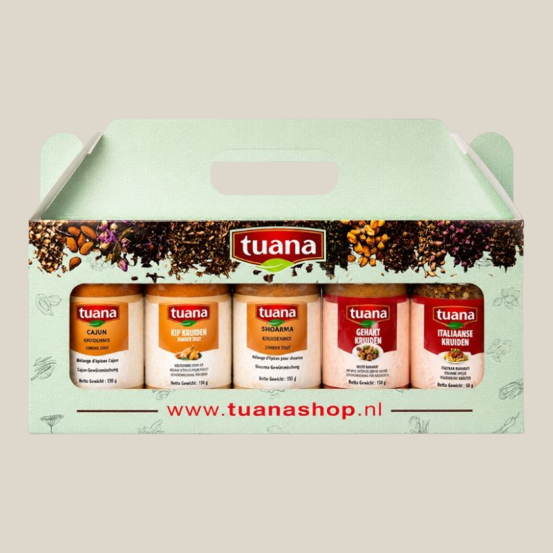 TuanaShop BV kruidenpakket met vijf zoutloze kruidenmixen in een luxe cadeauverpakking voor vlees en groenten.