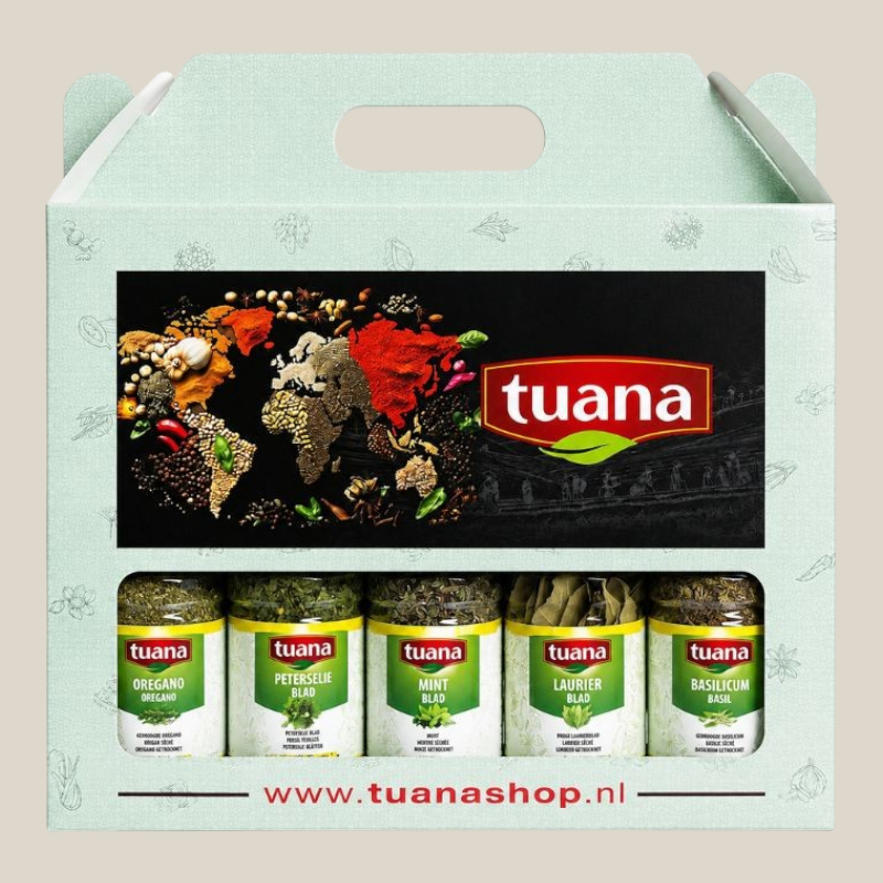TuanaShop BV groen kruidenpakket met diverse gedroogde kruiden in glazen potten in een decoratieve geschenkdoos