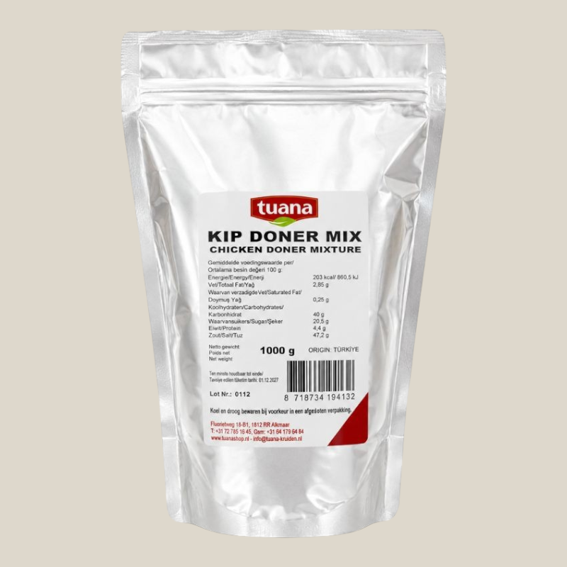 TuanaShop BV Kip Doner Mix kruiden in een zilverkleurige stazak van 1000 gram voor authentieke kipgerechten.