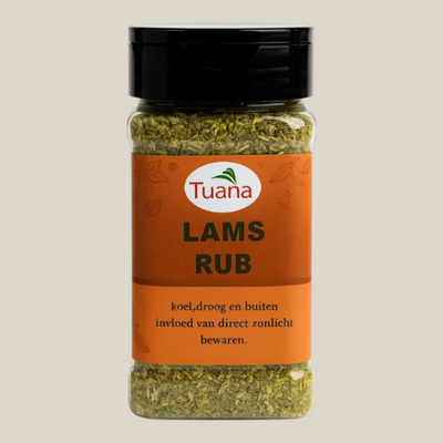 TuanaShop BV Lams Rub kruidenmix in een transparante strooibus van 170 gram voor lamsvlees gerechten.