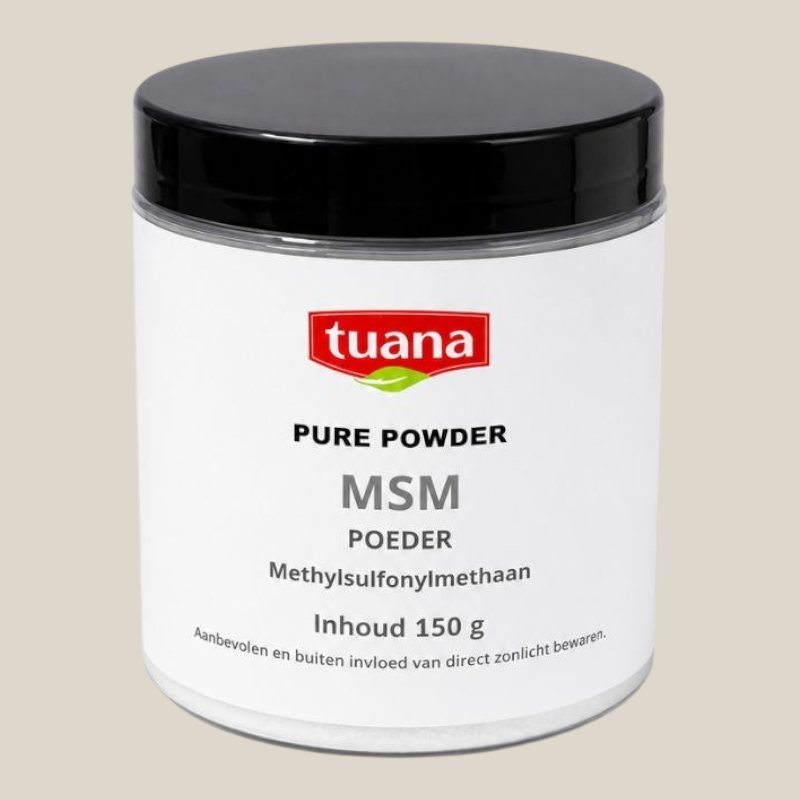 TuanaShop BV MSM poeder in een transparante pot met zwarte dop, 150 gram puur methylsulfonylmethaan supplement.