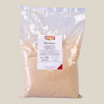TuanaShop BV Maca Poeder in een transparante verpakking van 1 kg, een natuurlijke superfood uit Peru.