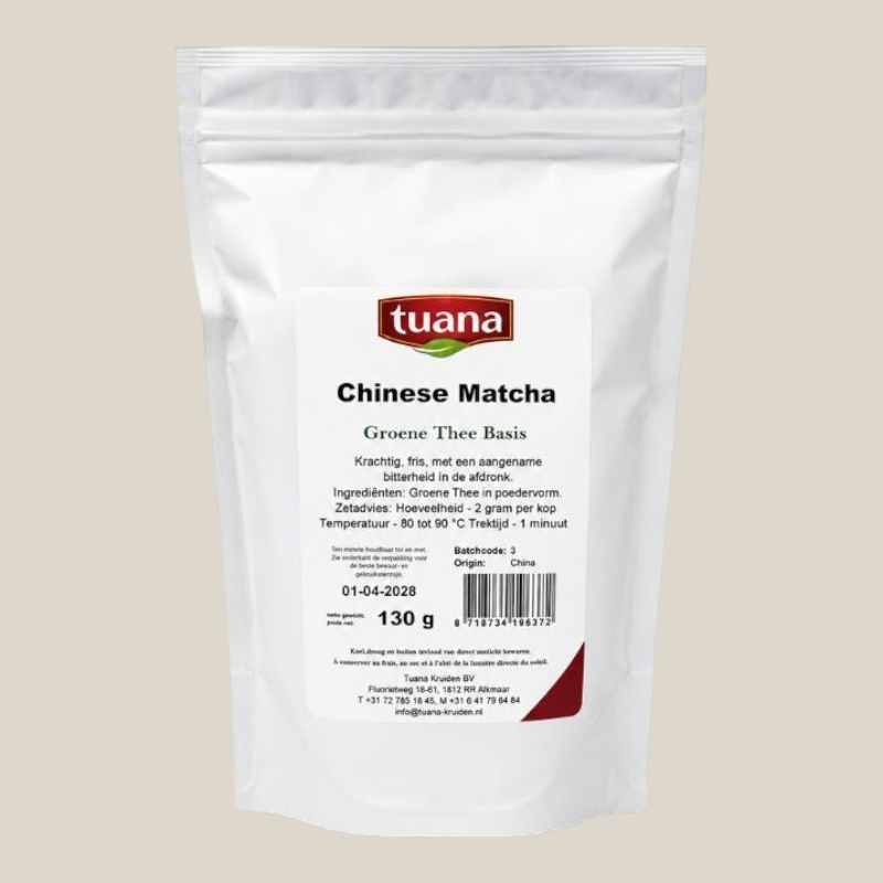 TuanaShop BV Chinese Matcha groene thee poeder in een hersluitbare witte verpakking van 130 gram