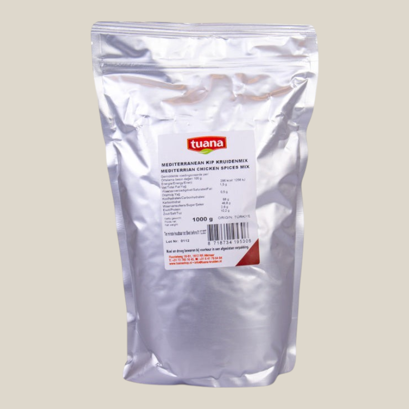 TuanaShop BV Mediterranean kip kruidenmix in een zilverkleurige stazak van 1000 gram met etiket.