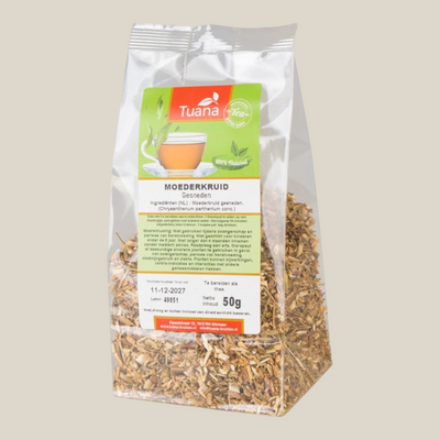 TuanaShop BV Moederkruid gesneden kruiden in een doorzichtige verpakking van 50 gram voor kruidenthee