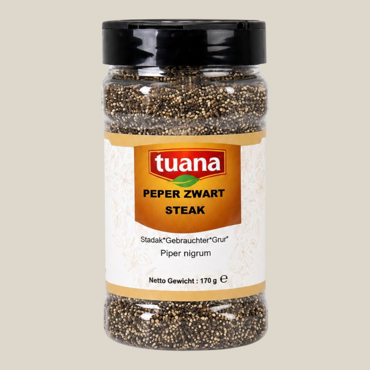 TuanaShop BV Peper Zwart Steak in een handige strooipot van 170 gram met grof gebroken zwarte peperkorrels