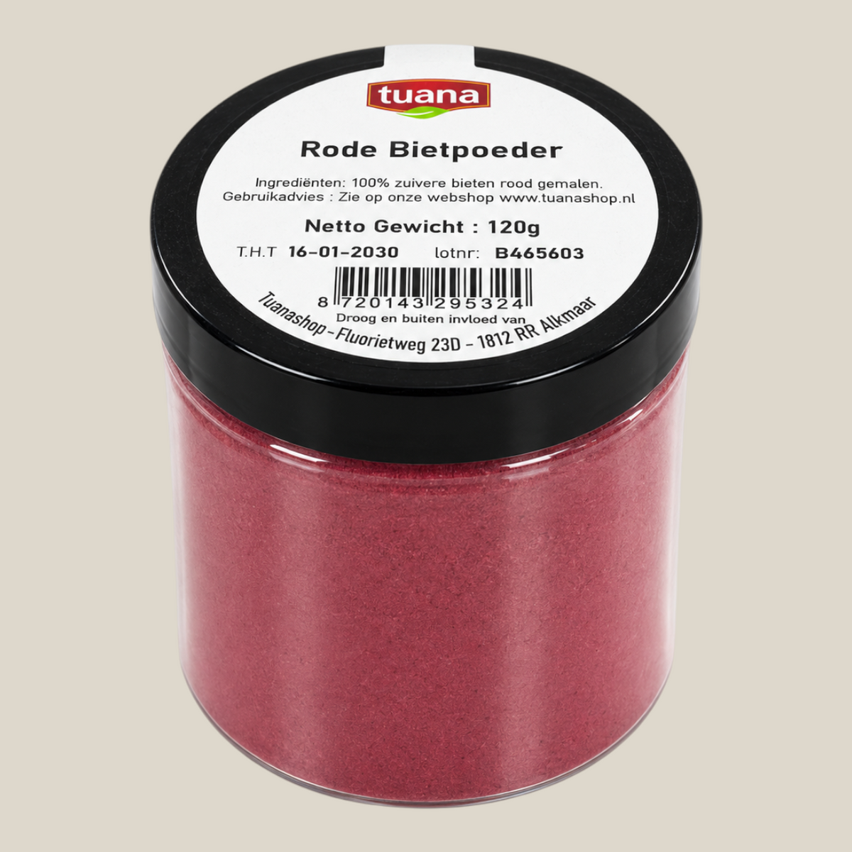 TuanaShop BV rode bietpoeder in een transparante pot met zwart deksel, 120 gram fijn gemalen rode bietenpoeder.