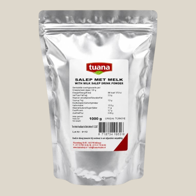TuanaShop BV Salep met Melk poeder in een zilverkleurige stazak van 1000 gram voor traditionele Turkse warme drank.