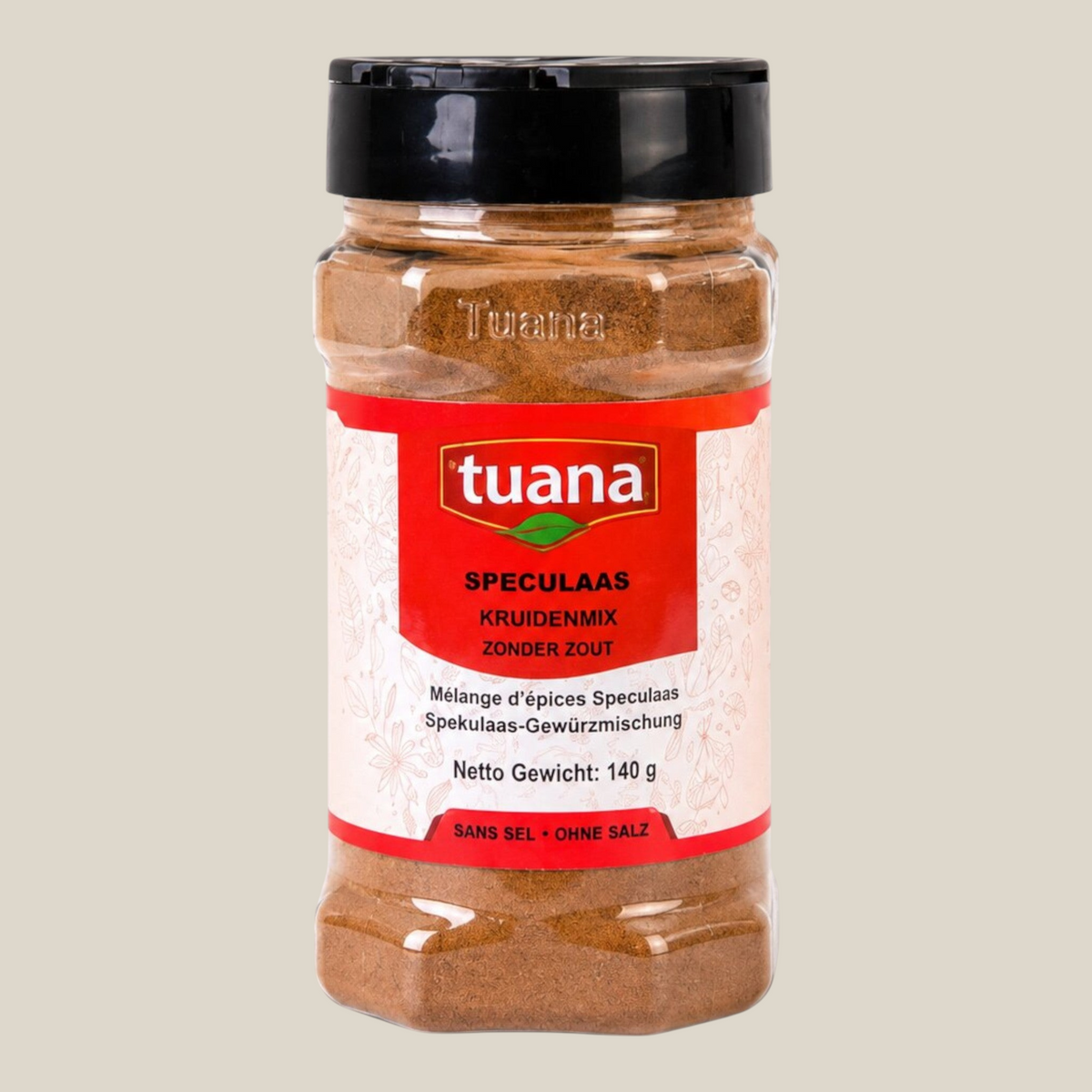 TuanaShop BV speculaaskruiden in een doorzichtige pot met zwarte dop, ideaal voor gebak en koekjes.