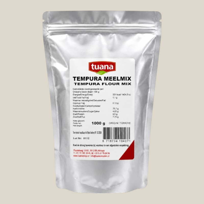 TuanaShop BV Tempura Meelmix in een zilverkleurige verpakking van 1000 gram voor luchtige en krokante gerechten.