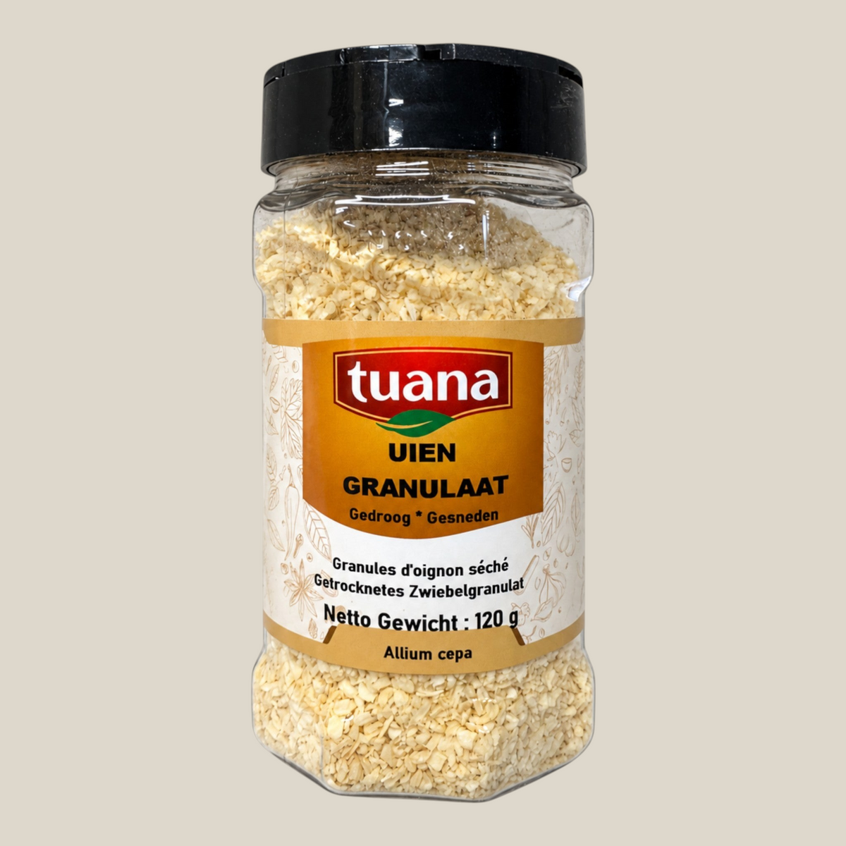 TuanaShop BV uien granulaat in een doorzichtige kruidenpot met zwarte dop voor een hartige smaak in gerechten
