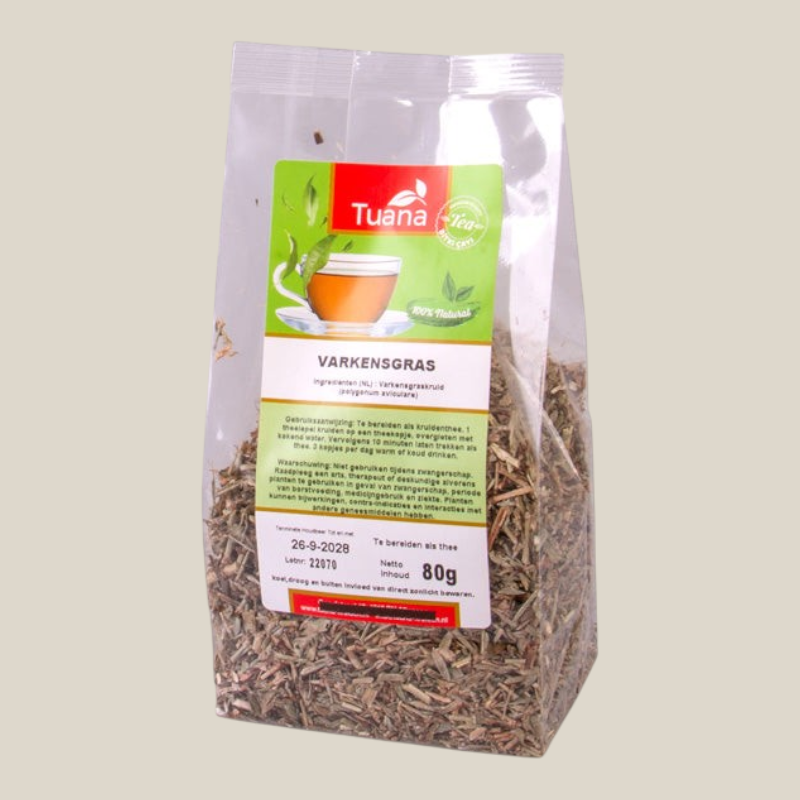 TuanaShop BV gesneden varkensgras kruidenthee in een doorzichtige verpakking van 80 gram