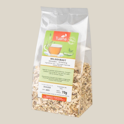 TuanaShop BV verpakking met 70g gesneden wilgenbast voor natuurlijke thee, rijk aan salicine voor pijnverlichting.