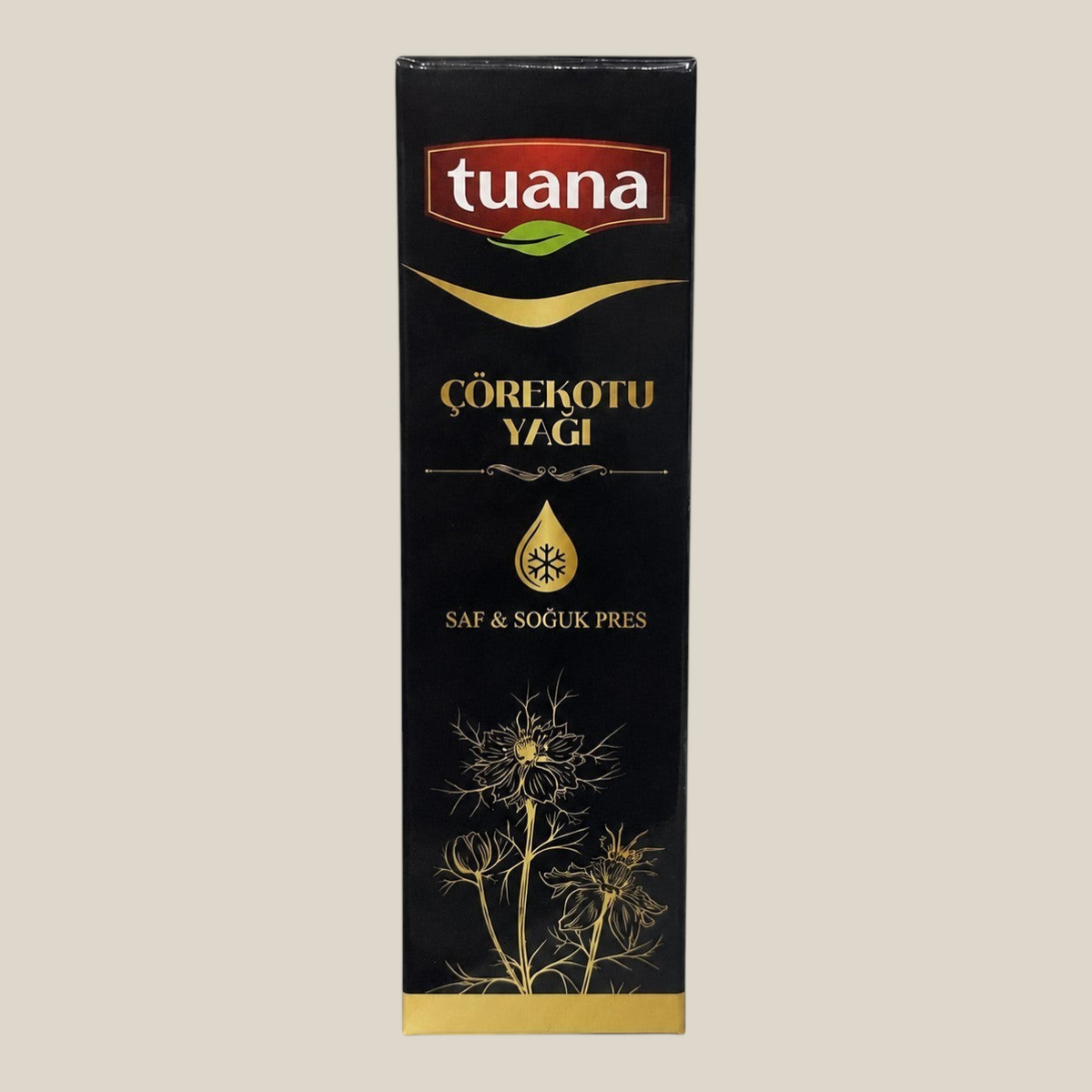 TuanaShop BV zwarte komijnzaadolie in een zwarte fles met gouden details, 100% biologisch en koudgeperst.