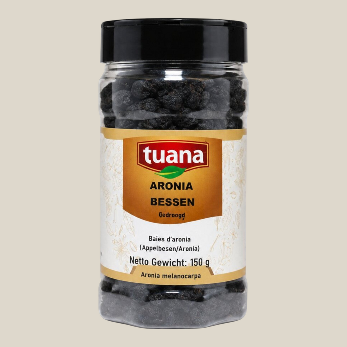 TuanaShop BV gedroogde aronia bessen in een doorzichtige pot met zwart deksel, rijk aan antioxidanten.