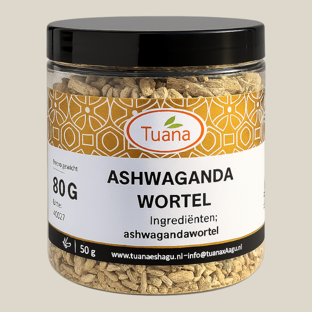TuanaShop BV Ashwaganda wortel gesneden in een doorzichtige pot met zwart deksel en goudkleurig etiket