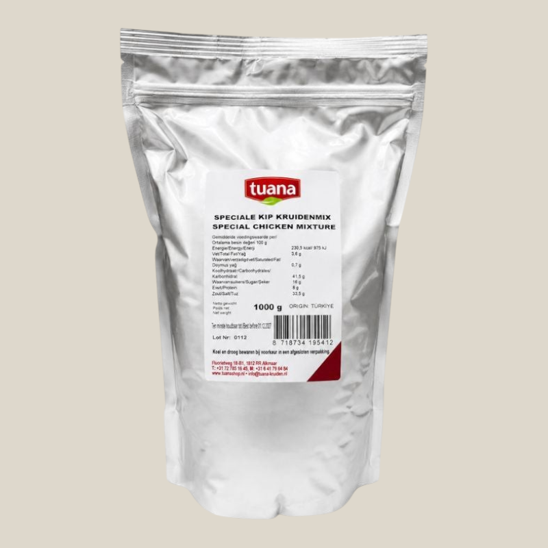 TuanaShop BV Speciale Kip Kruidenmix in een zilverkleurige stazak van 1000 gram voor heerlijke kipgerechten.