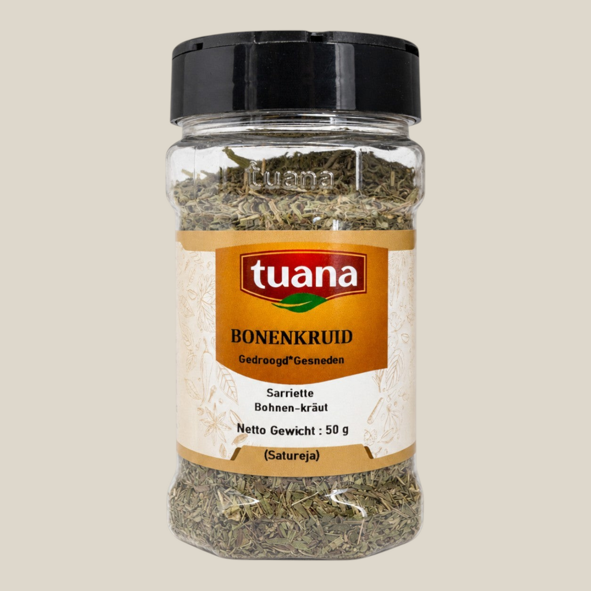 TuanaShop BV gedroogd bonenkruid in een doorzichtige kruidenpot met zwart deksel voor een aromatische smaakmaker.