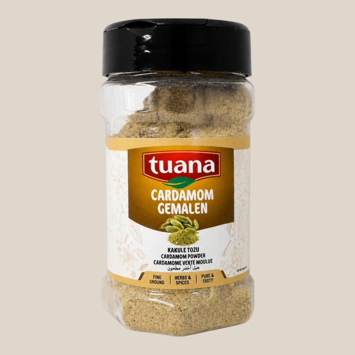 TuanaShop BV gemalen kardemom in een doorzichtige kruidenpot met zwart deksel en informatief etiket.