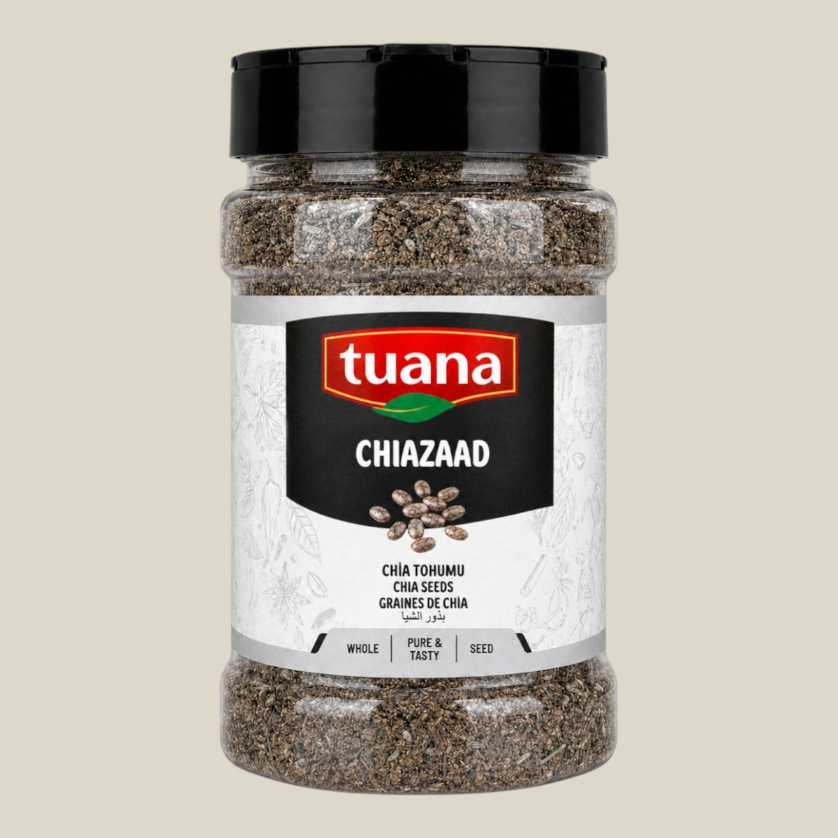 TuanaShop BV chiazaad in een doorzichtige kunststof pot met zwarte schroefdop, rijk aan omega-3 en vezels.