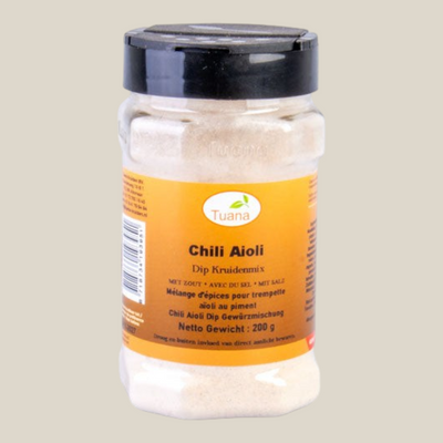 TuanaShop BV Chili Aioli kruidenmix in een transparante strooibus van 200 gram met oranje etiket
