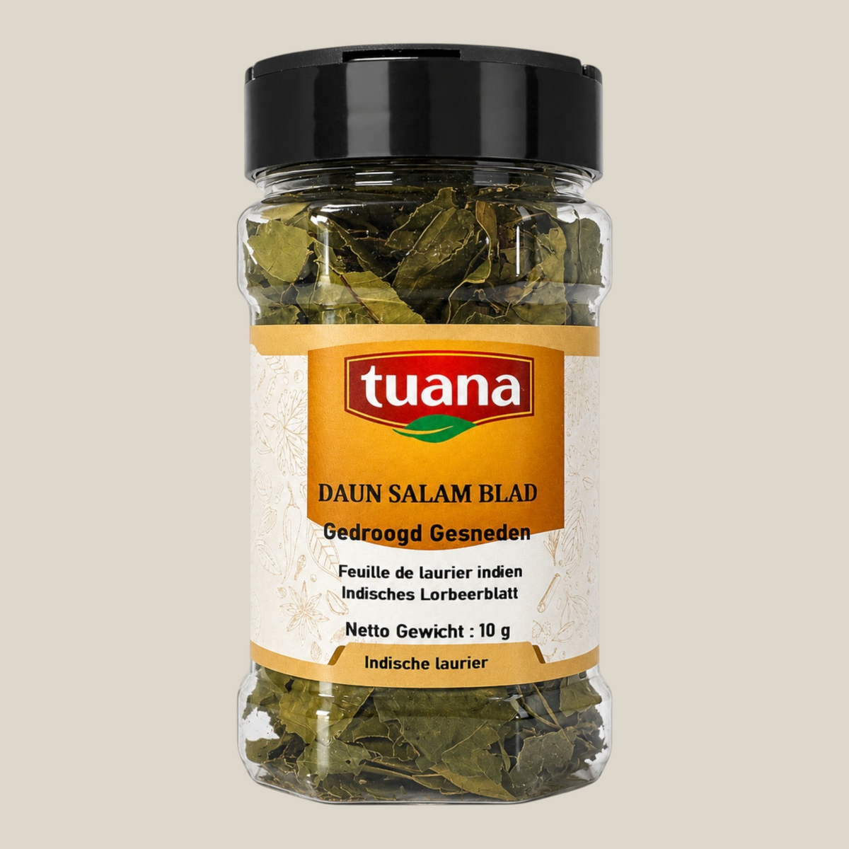 TuanaShop BV Daun Salam blad in een doorzichtige pot, gedroogde Indonesische laurier voor Aziatische gerechten.