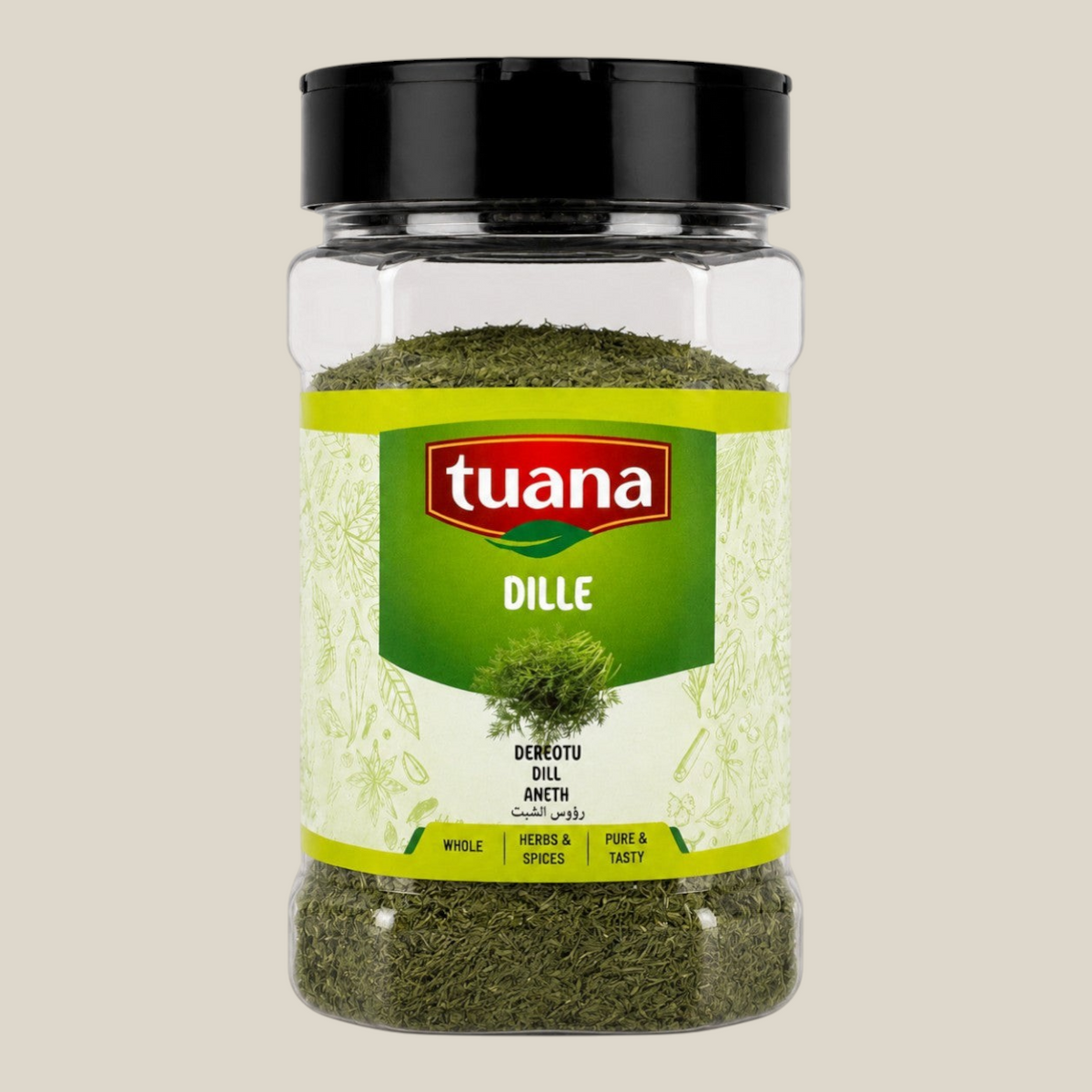 TuanaShop BV pot met gedroogde dille toppen, aromatisch kruid voor visgerechten en salades in een doorzichtige pot.