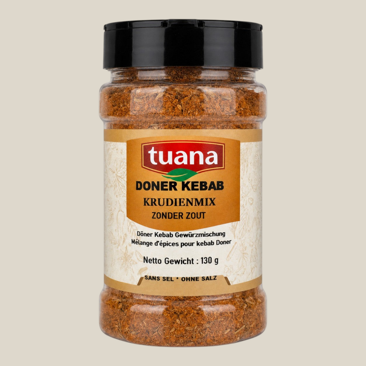 TuanaShop BV doner kebab kruidenmix zonder zout in een transparante strooibus van 130 gram.