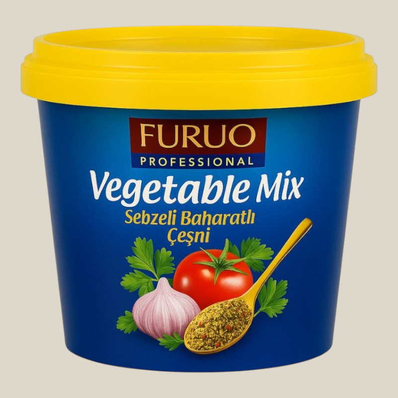 TuanaShop BV FURUO Vegetable Mix in een blauwe pot met gele deksel, afgebeeld met verse groenten en een lepel kruiden