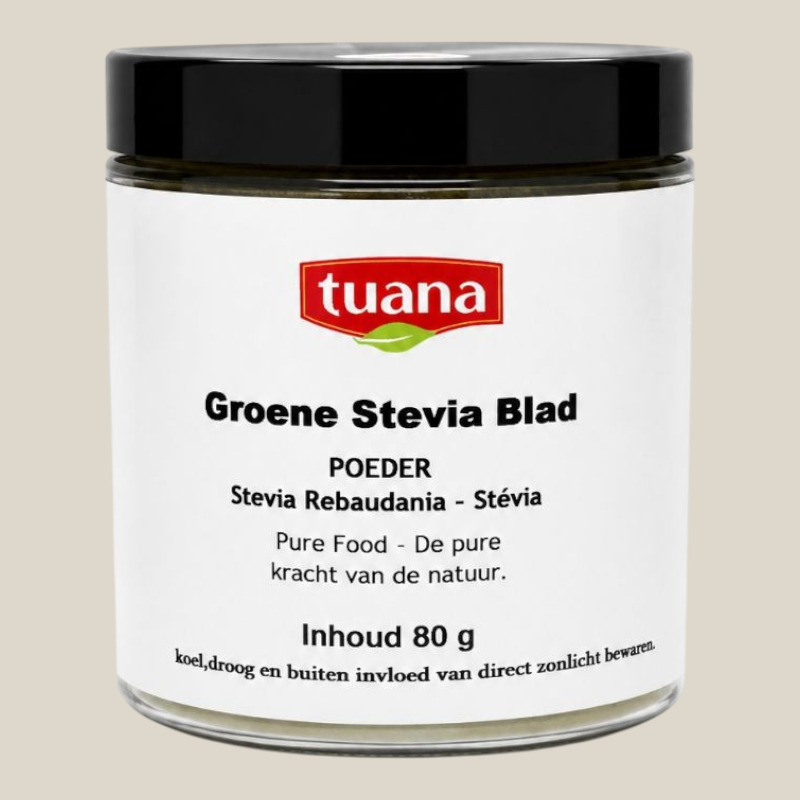 TuanaShop BV Groene Stevia Blad poeder in een glazen pot van 80g als natuurlijk suikeralternatief