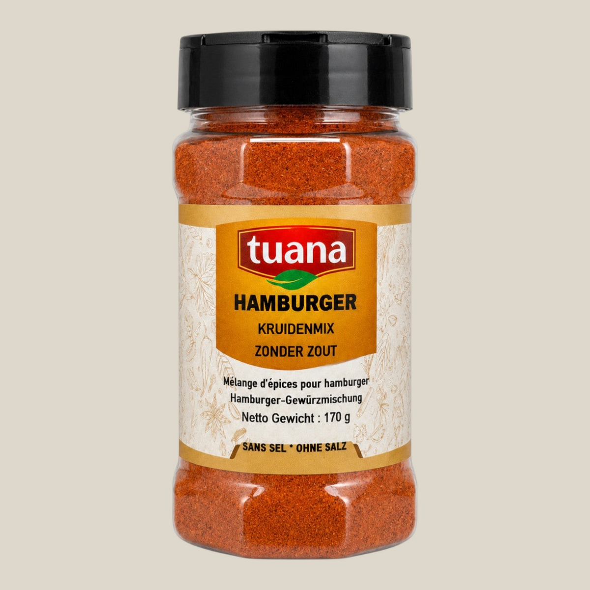 TuanaShop BV hamburger kruiden zonder zout in een doorzichtige kruidenpot met zwart deksel en beige etiket.