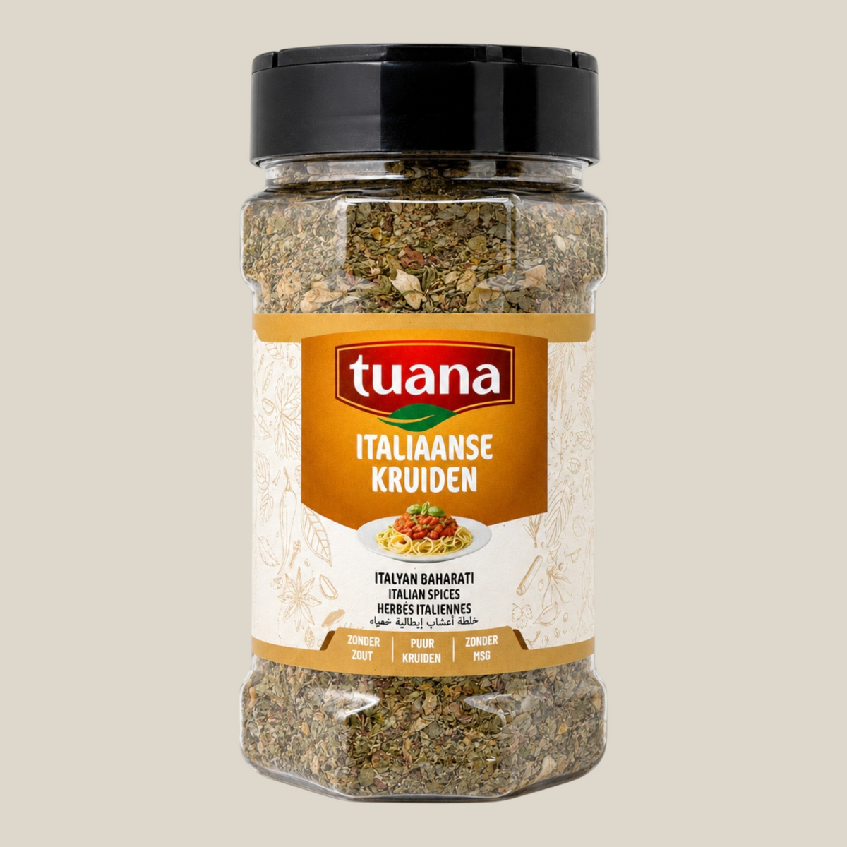 TuanaShop BV Italiaanse Kruiden in een transparante kruidenpot met zwarte dop voor mediterrane gerechten.