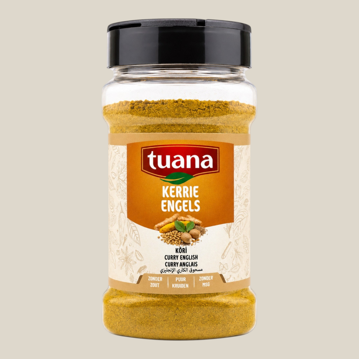 TuanaShop BV Kerrie Engels kruidenmix in een transparante strooibus met zwarte dop voor rijstgerechten en sauzen